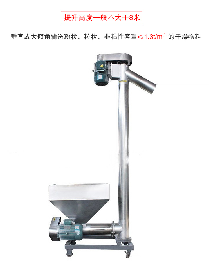 立式輸送機(jī)垂直或大傾角輸送粉狀、粒狀、非粘性容重≤1.3t/m   的干燥物料